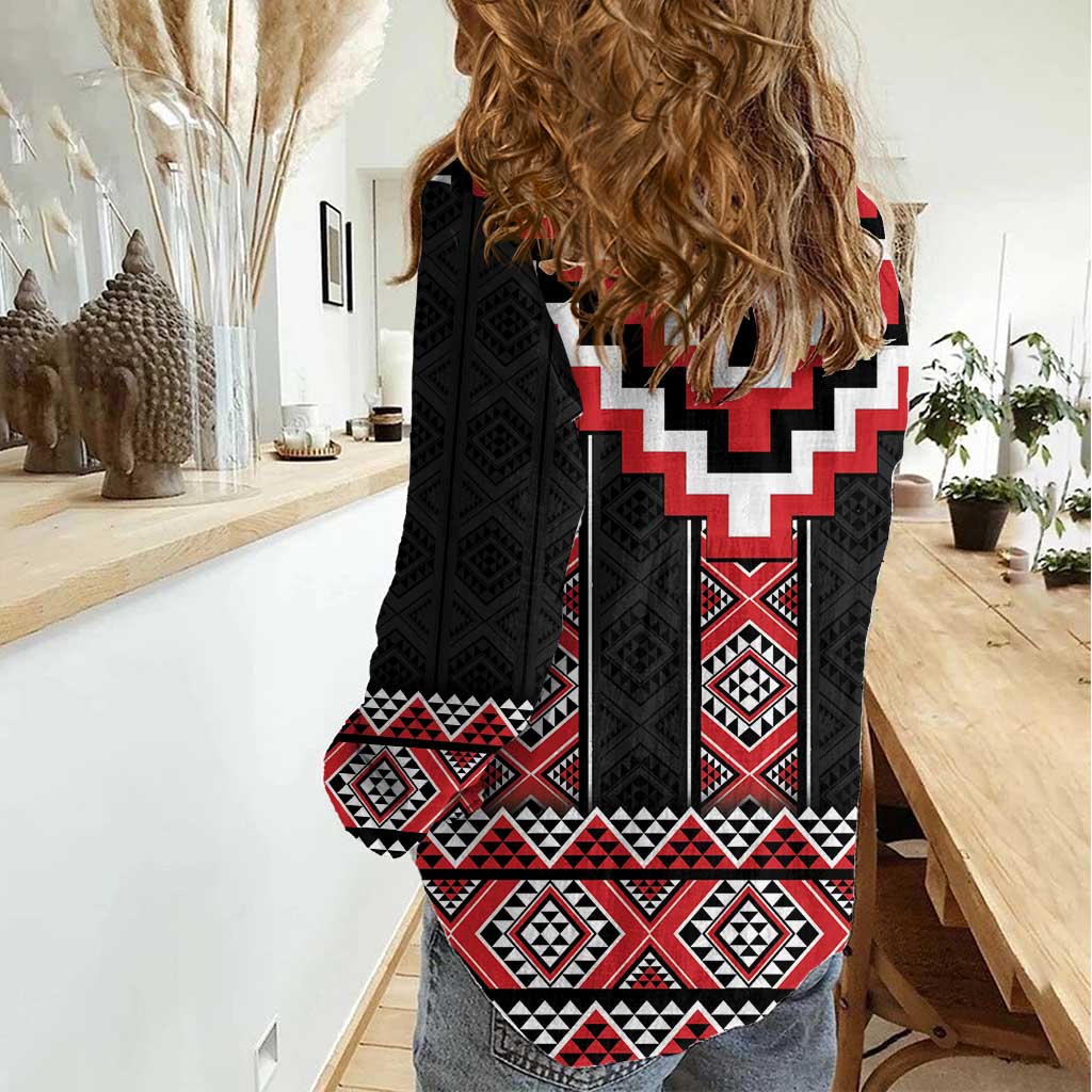 Red Taniko Aotearoa Women Casual Shirt Niho Taniwha Mix Poutama LT14