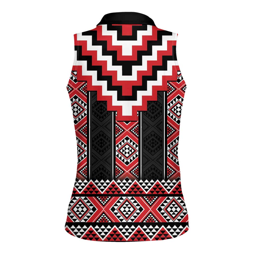 Red Taniko Aotearoa Women Sleeveless Polo Shirt Niho Taniwha Mix Poutama LT14