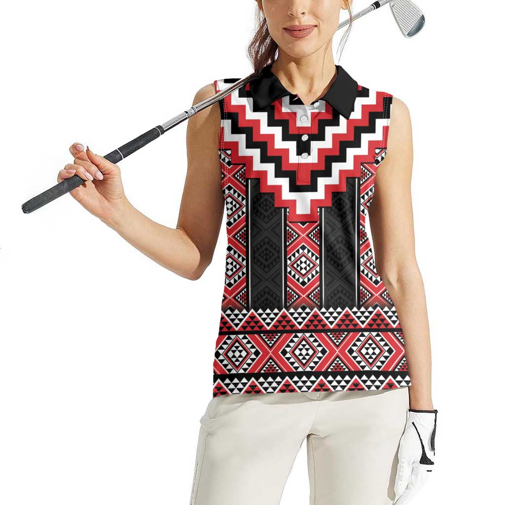 Red Taniko Aotearoa Women Sleeveless Polo Shirt Niho Taniwha Mix Poutama LT14
