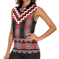 Red Taniko Aotearoa Women Sleeveless Polo Shirt Niho Taniwha Mix Poutama LT14