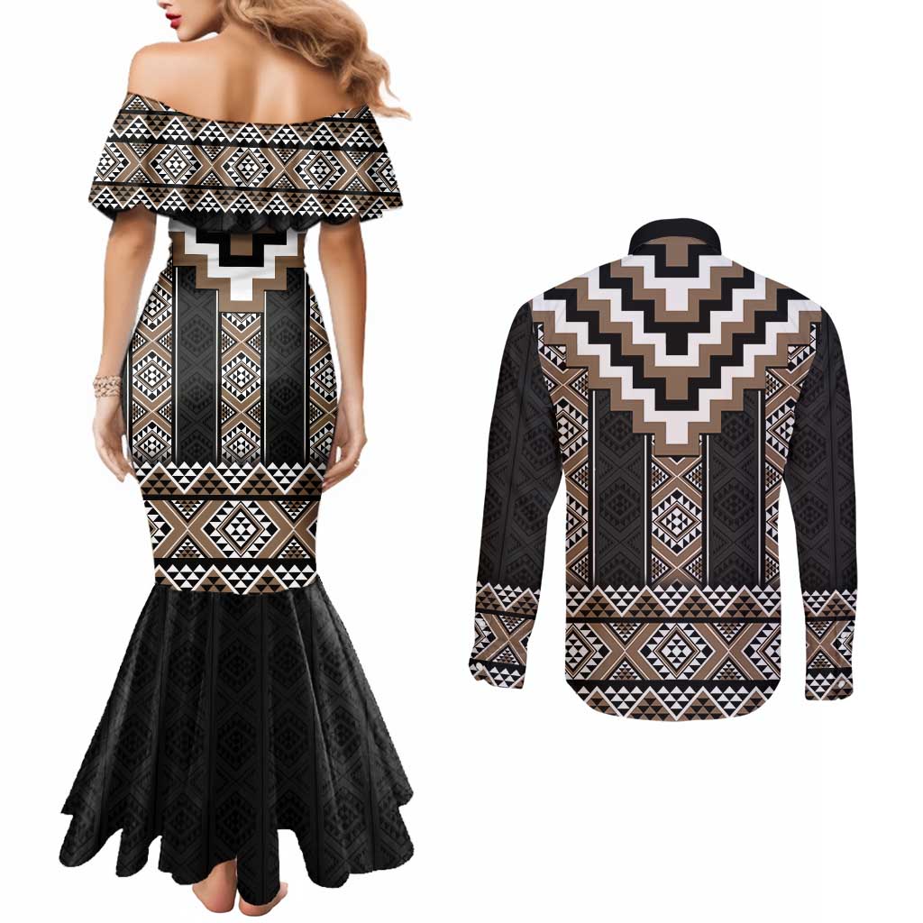 Brown Taniko Aotearoa Couples Matching Mermaid Dress and Long Sleeve Button Shirt Niho Taniwha Mix Poutama LT14