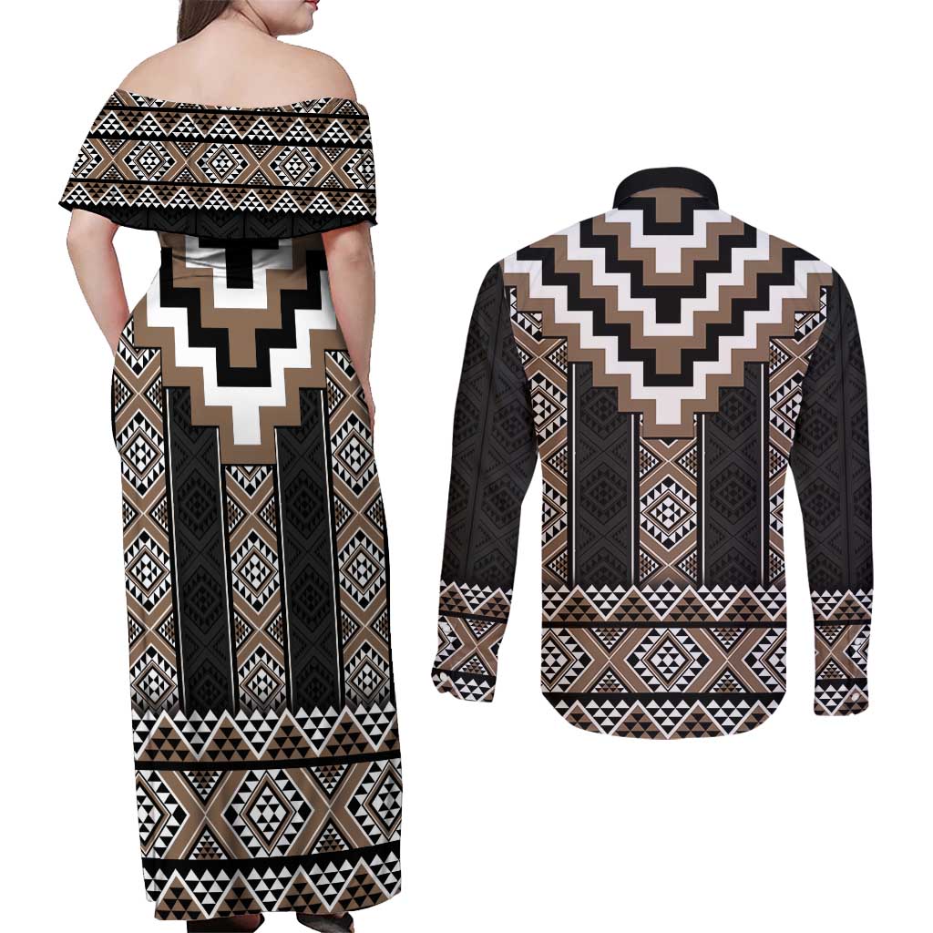 Brown Taniko Aotearoa Couples Matching Off Shoulder Maxi Dress and Long Sleeve Button Shirt Niho Taniwha Mix Poutama LT14 - Polynesian Pride