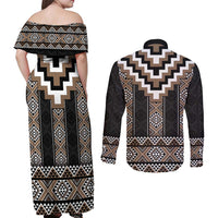 Brown Taniko Aotearoa Couples Matching Off Shoulder Maxi Dress and Long Sleeve Button Shirt Niho Taniwha Mix Poutama LT14 - Polynesian Pride