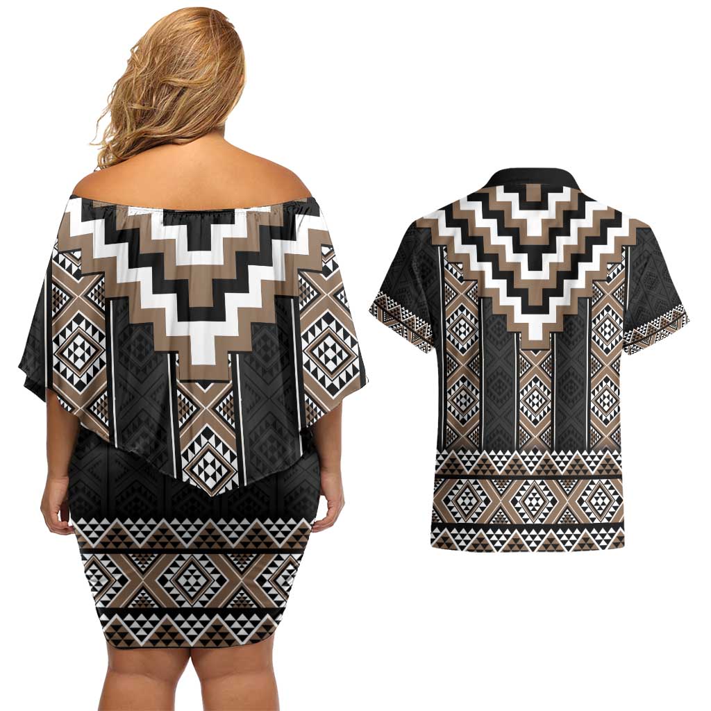 Brown Taniko Aotearoa Couples Matching Off Shoulder Short Dress and Hawaiian Shirt Niho Taniwha Mix Poutama LT14