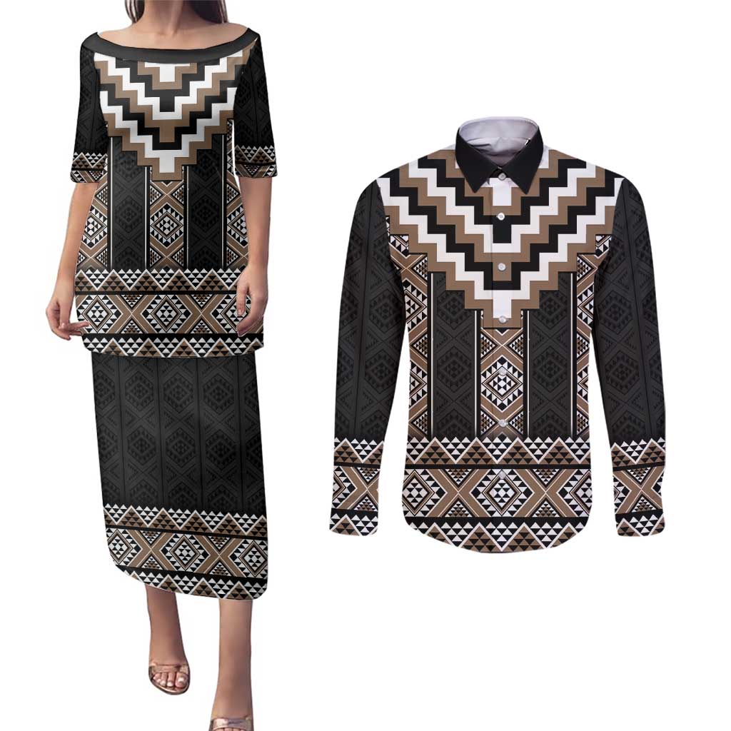 Brown Taniko Aotearoa Couples Matching Puletasi and Long Sleeve Button Shirt Niho Taniwha Mix Poutama LT14
