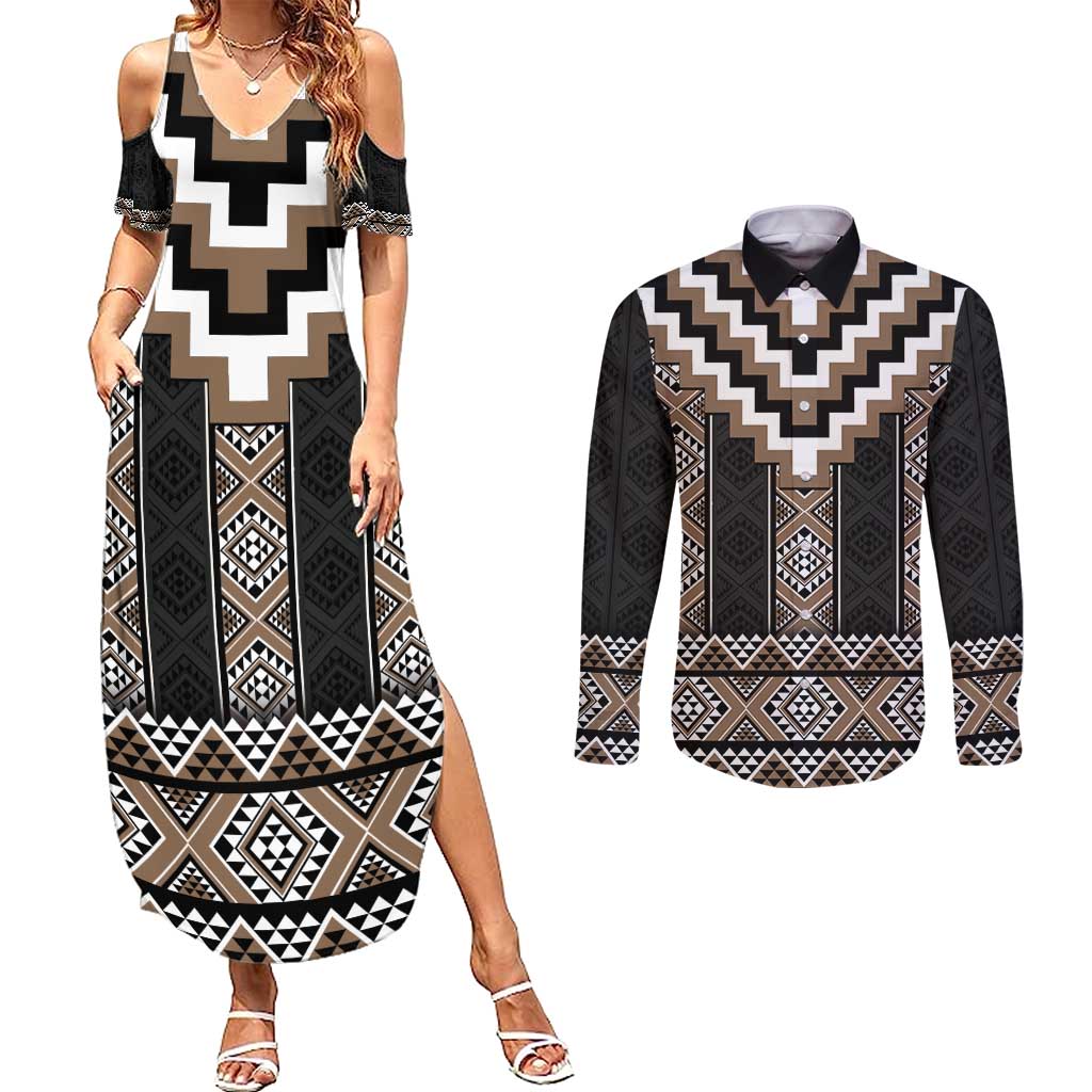 Brown Taniko Aotearoa Couples Matching Summer Maxi Dress and Long Sleeve Button Shirt Niho Taniwha Mix Poutama LT14