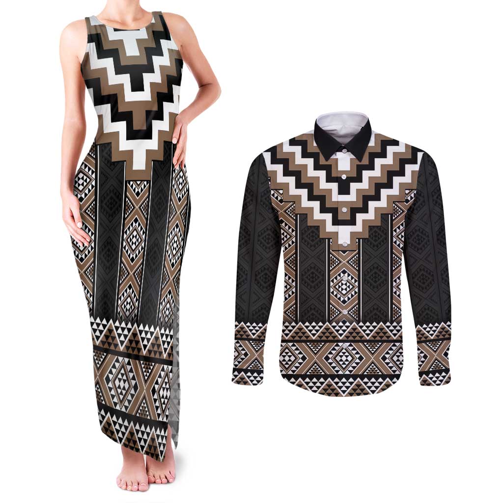 Brown Taniko Aotearoa Couples Matching Tank Maxi Dress and Long Sleeve Button Shirt Niho Taniwha Mix Poutama LT14