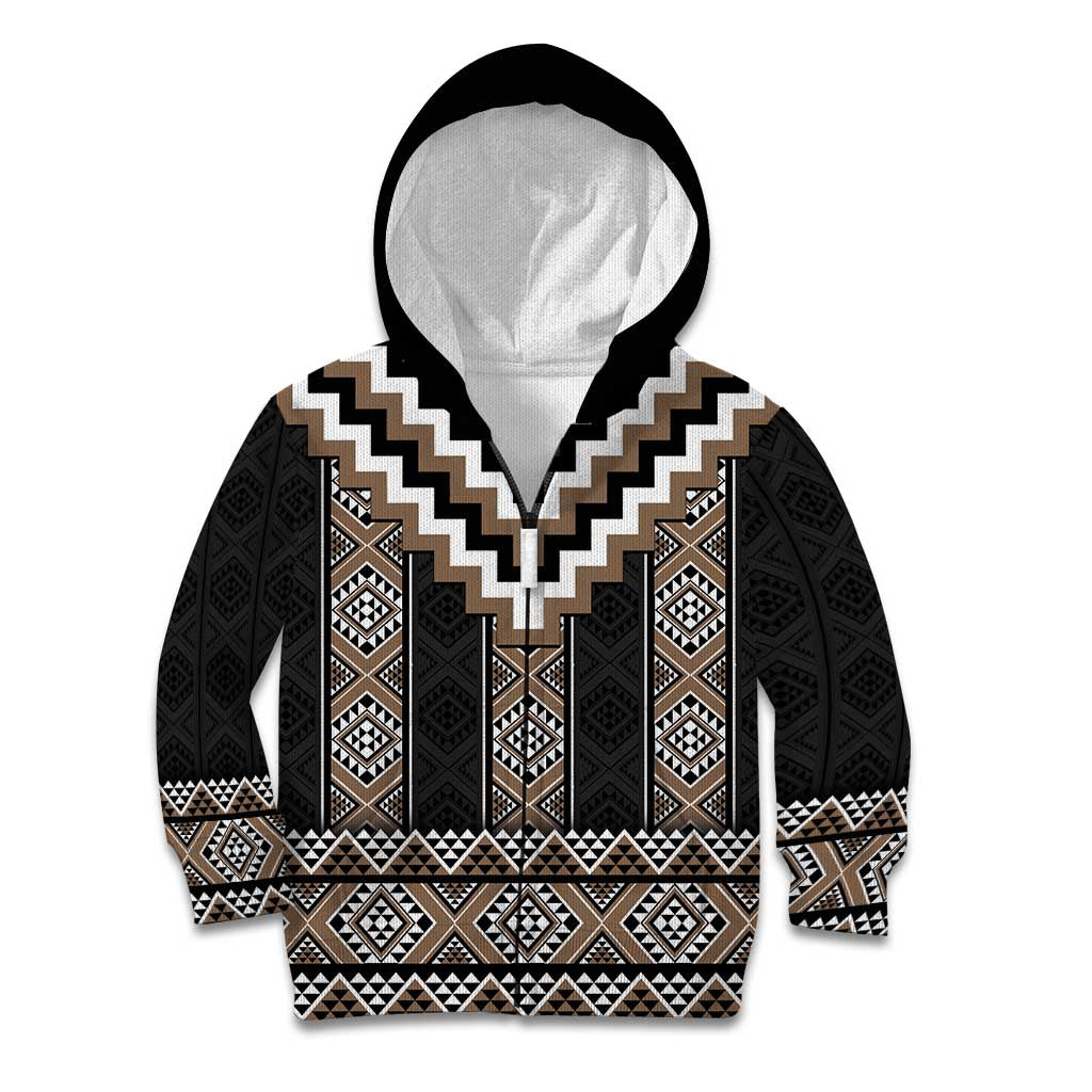 Brown Taniko Aotearoa Kid Hoodie Niho Taniwha Mix Poutama LT14 Zip Hoodie Brown - Polynesian Pride