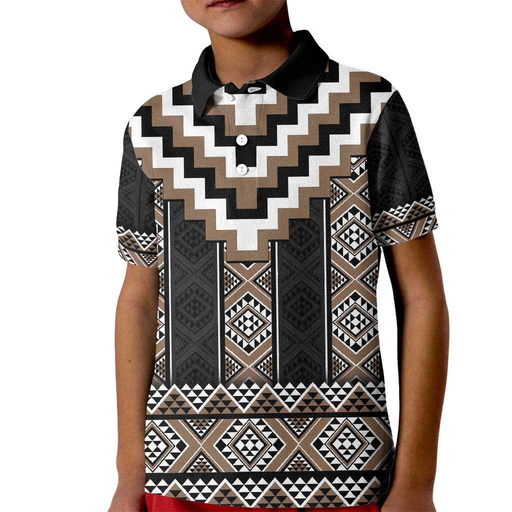 Brown Taniko Aotearoa Kid Polo Shirt Niho Taniwha Mix Poutama LT14 Kid Brown - Polynesian Pride