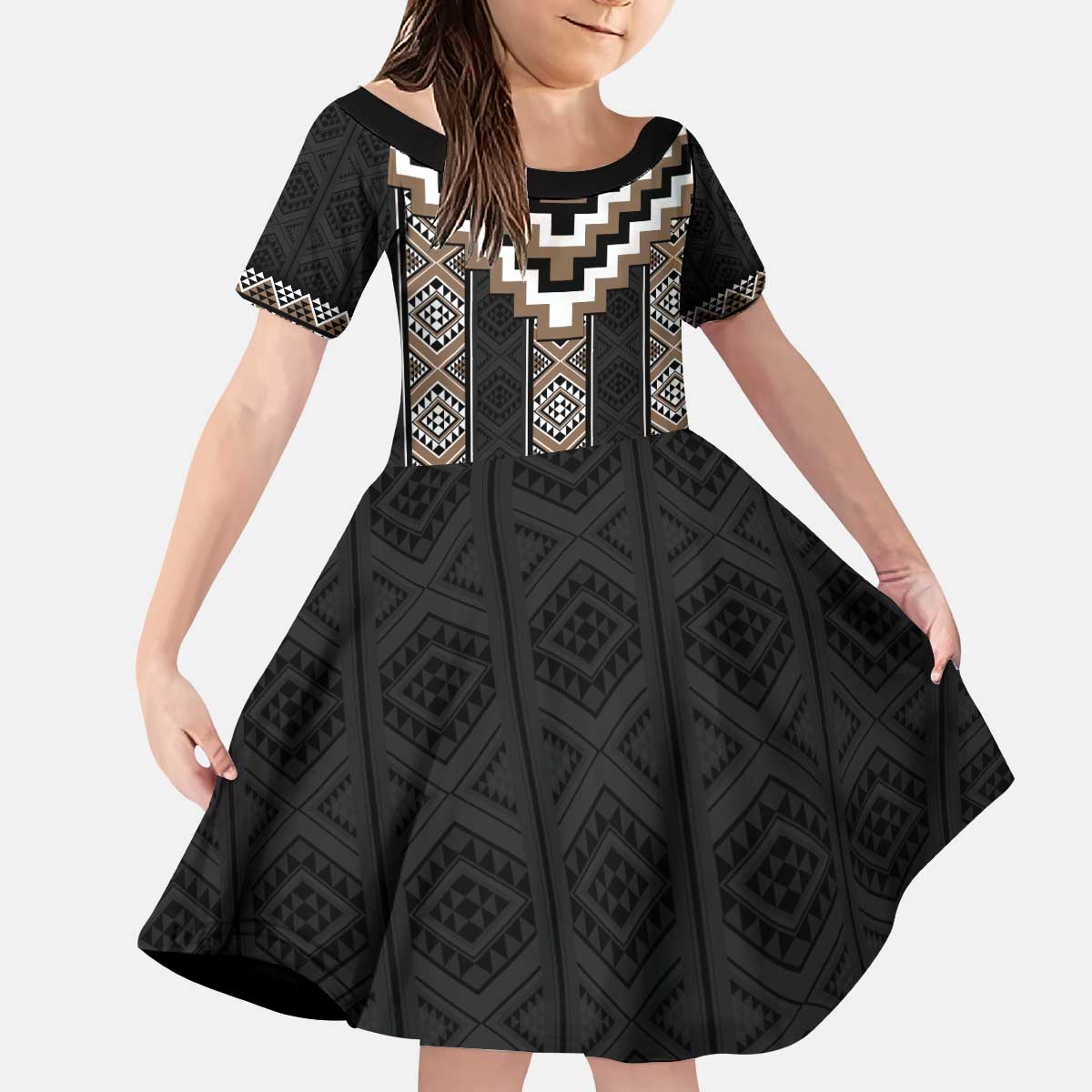 Brown Taniko Aotearoa Kid Short Sleeve Dress Niho Taniwha Mix Poutama LT14
