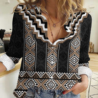 Brown Taniko Aotearoa Women Casual Shirt Niho Taniwha Mix Poutama LT14