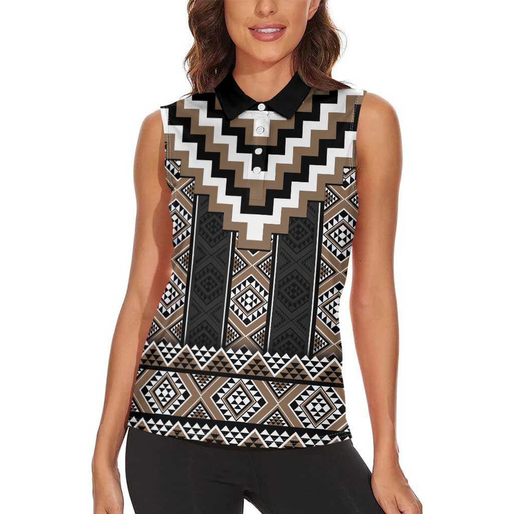 Brown Taniko Aotearoa Women Sleeveless Polo Shirt Niho Taniwha Mix Poutama LT14