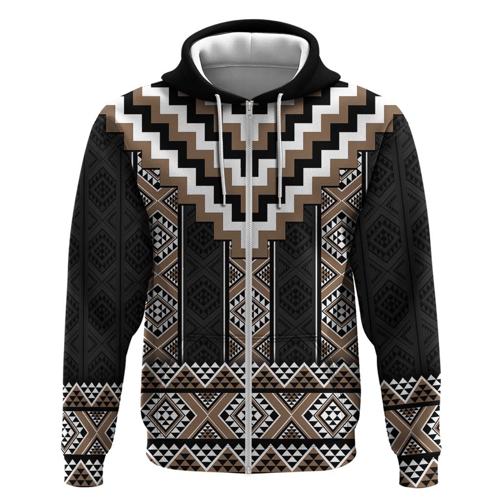Brown Taniko Aotearoa Zip Hoodie Niho Taniwha Mix Poutama LT14