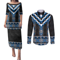 Blue Taniko Aotearoa Couples Matching Puletasi and Long Sleeve Button Shirt Niho Taniwha Mix Poutama LT14