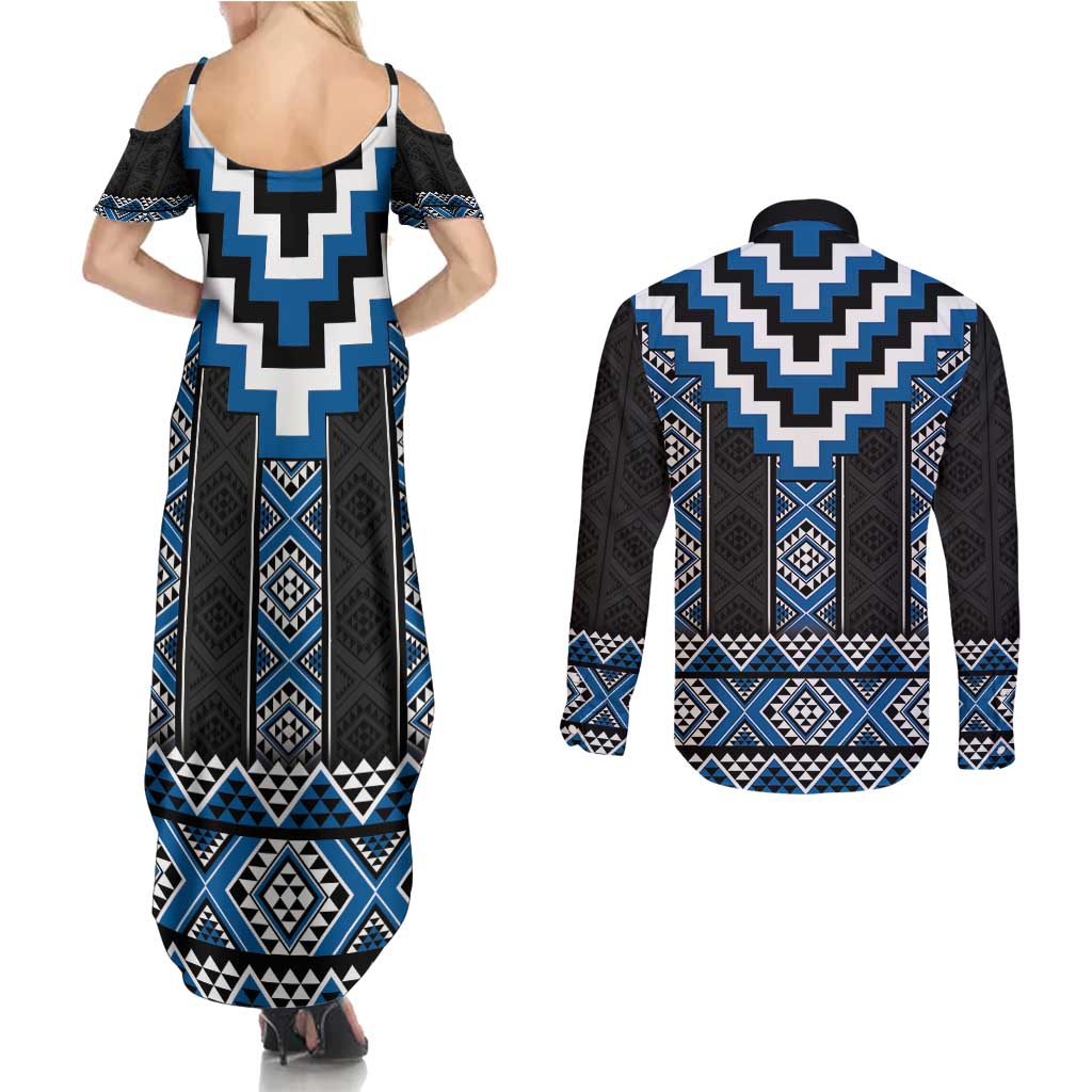 Blue Taniko Aotearoa Couples Matching Summer Maxi Dress and Long Sleeve Button Shirt Niho Taniwha Mix Poutama LT14