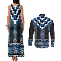 Blue Taniko Aotearoa Couples Matching Tank Maxi Dress and Long Sleeve Button Shirt Niho Taniwha Mix Poutama LT14 - Polynesian Pride