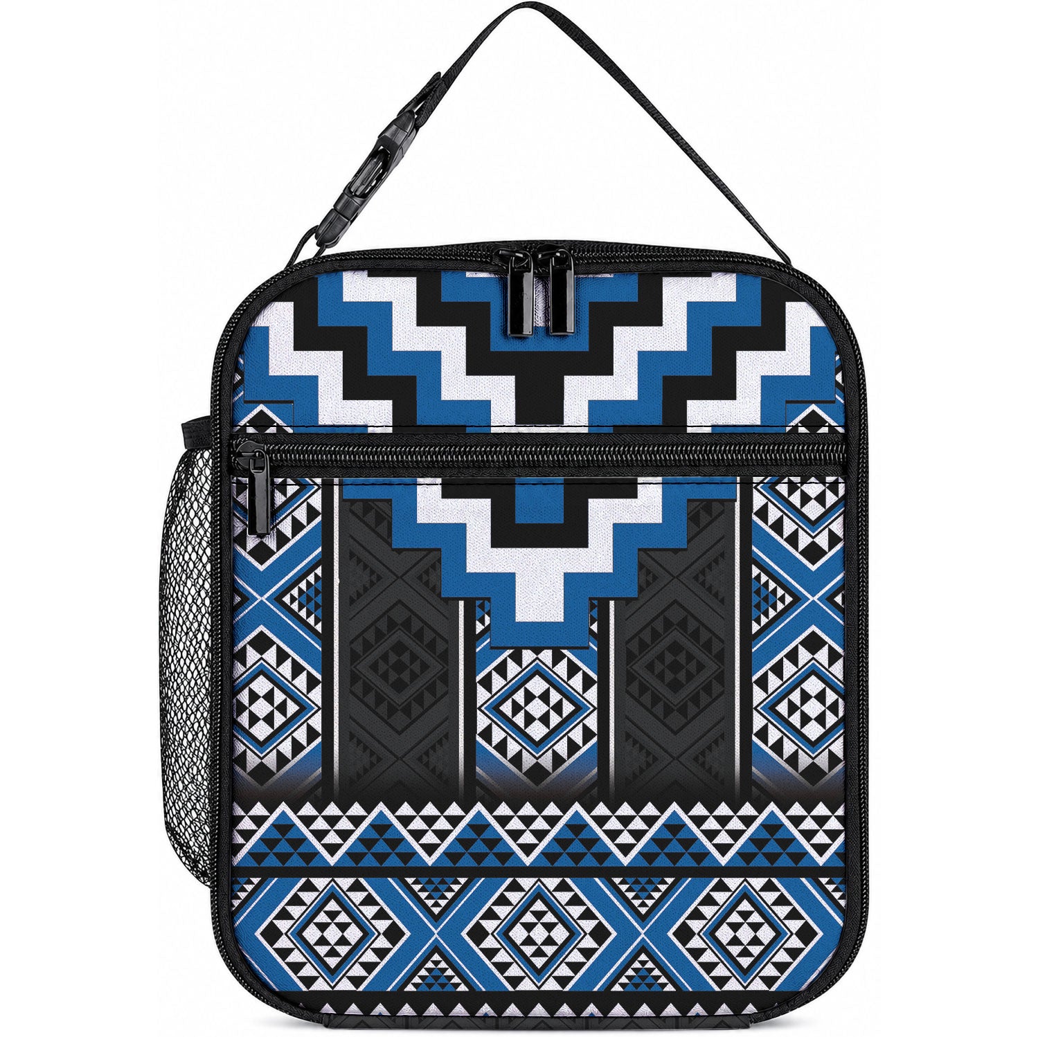 Blue Taniko Motifs Aotearoa Lunch Bag Niho Taniwha Mix Poutama LT14 10.2 × 8.3 × 4.3 inch Blue - Polynesian Pride