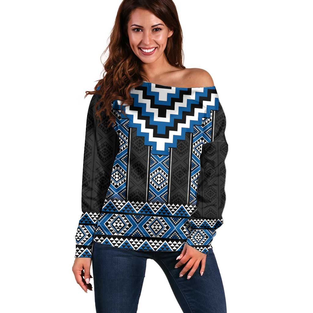 Blue Taniko Aotearoa Off Shoulder Sweater Niho Taniwha Mix Poutama LT14