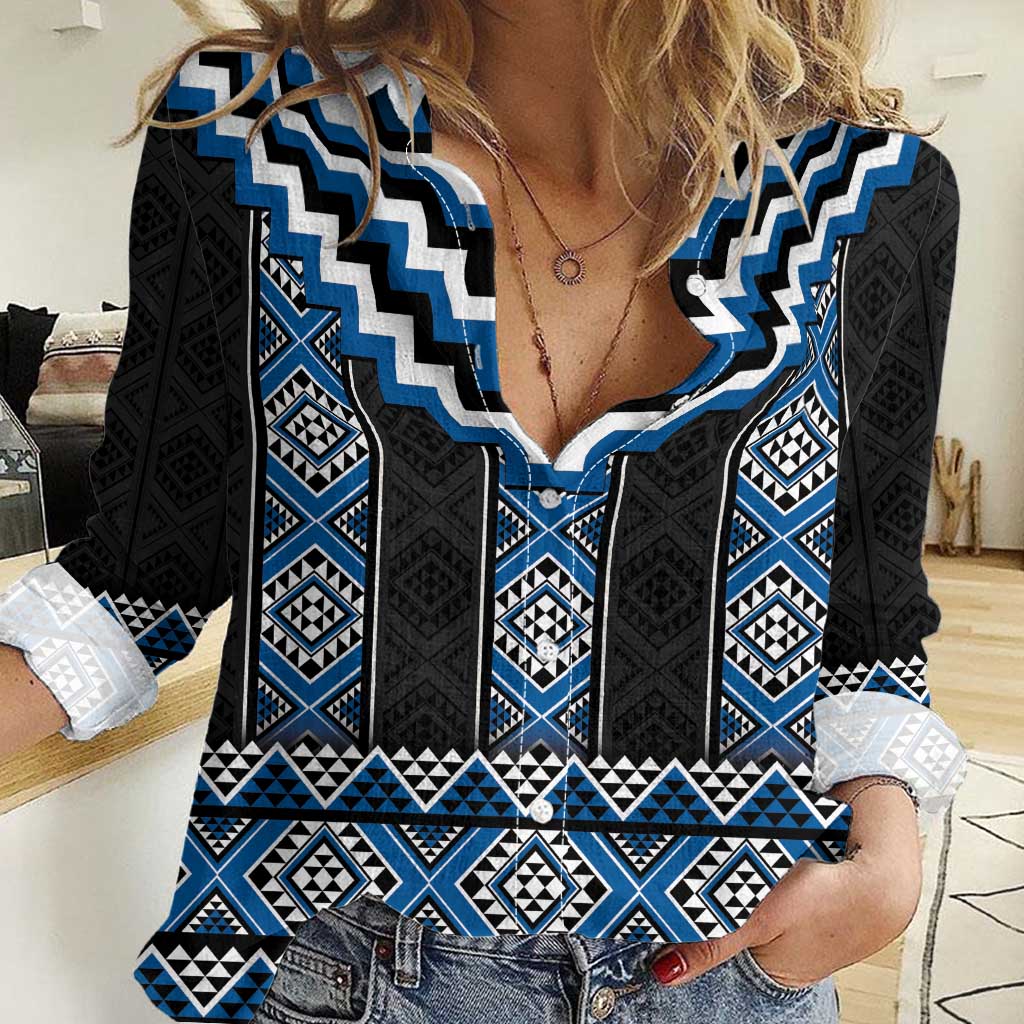 Blue Taniko Aotearoa Women Casual Shirt Niho Taniwha Mix Poutama LT14