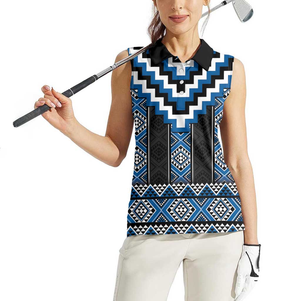 Blue Taniko Aotearoa Women Sleeveless Polo Shirt Niho Taniwha Mix Poutama LT14