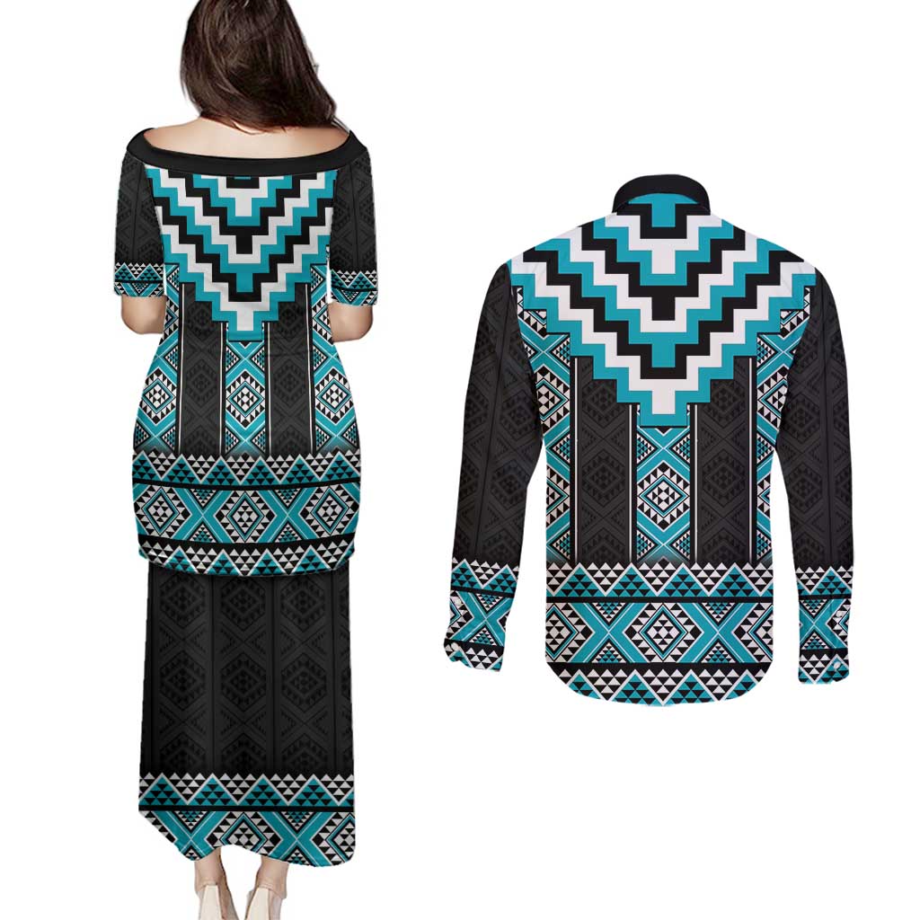Turquoise Taniko Pattern Aotearoa Couples Matching Puletasi and Long Sleeve Button Shirt Niho Taniwha Mix Poutama LT14 - Polynesian Pride