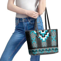 Turquoise Taniko Pattern Aotearoa Leather Tote Bag Niho Taniwha Mix Poutama