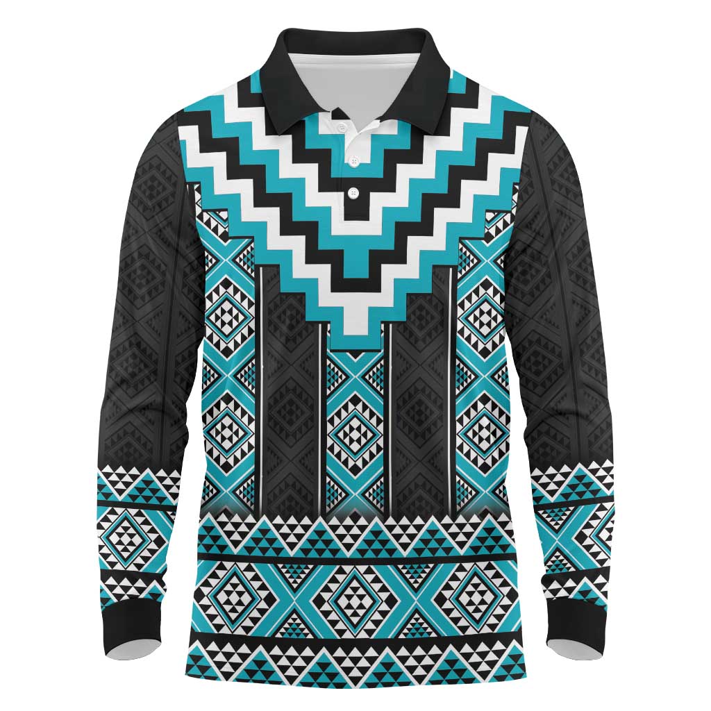 Turquoise Taniko Pattern Aotearoa Long Sleeve Polo Shirt Niho Taniwha Mix Poutama LT14 Turquoise - Polynesian Pride