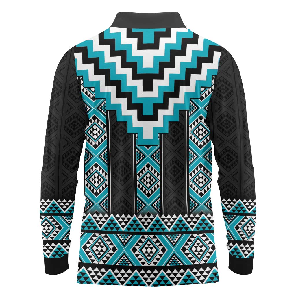 Turquoise Taniko Pattern Aotearoa Long Sleeve Polo Shirt Niho Taniwha Mix Poutama LT14 - Polynesian Pride