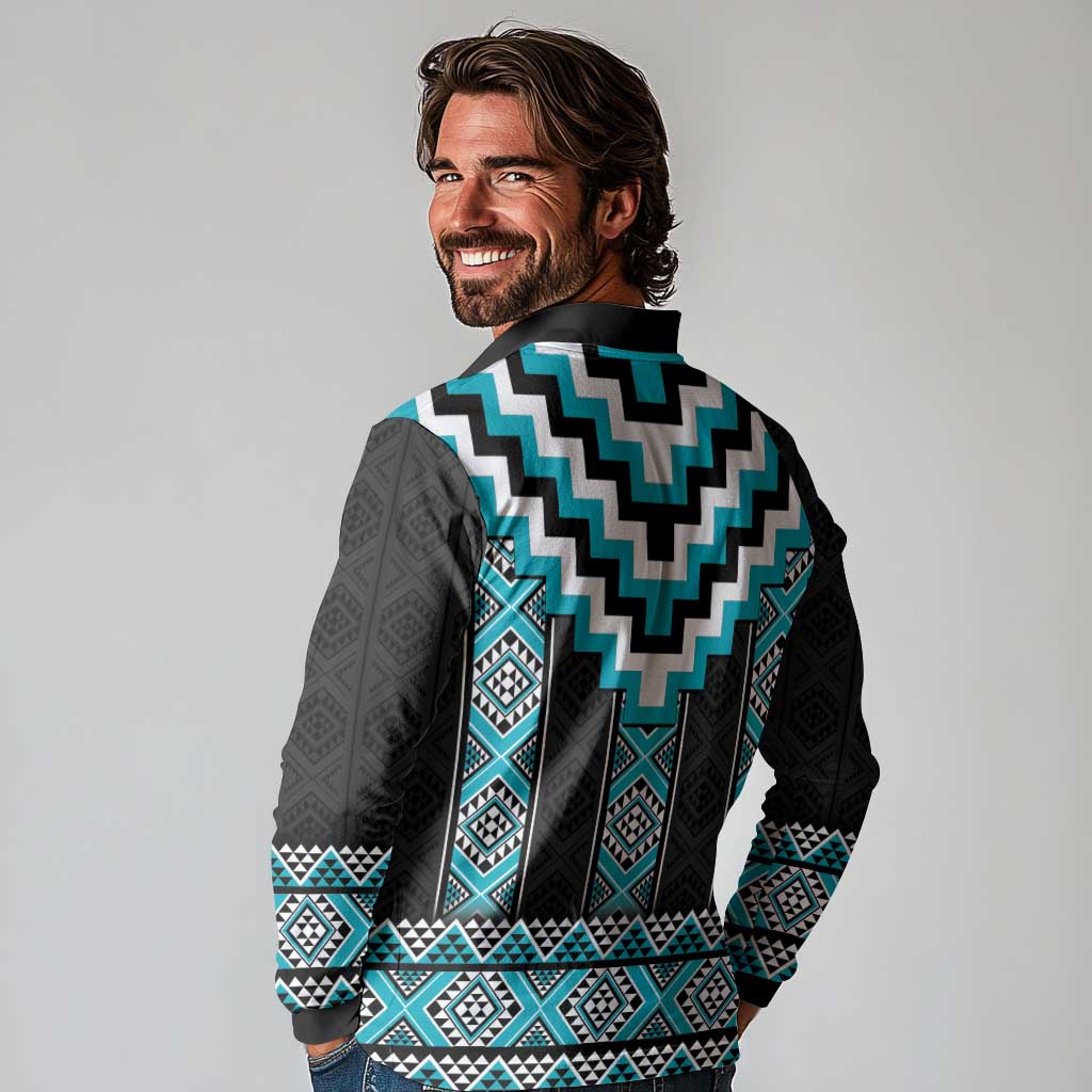 Turquoise Taniko Pattern Aotearoa Long Sleeve Polo Shirt Niho Taniwha Mix Poutama LT14 - Polynesian Pride