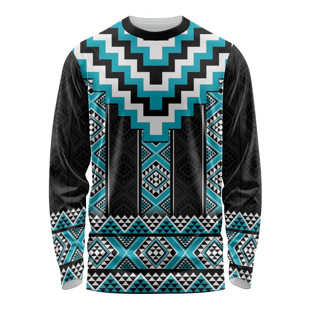 Turquoise Taniko Pattern Aotearoa Long Sleeve Shirt Niho Taniwha Mix Poutama LT14