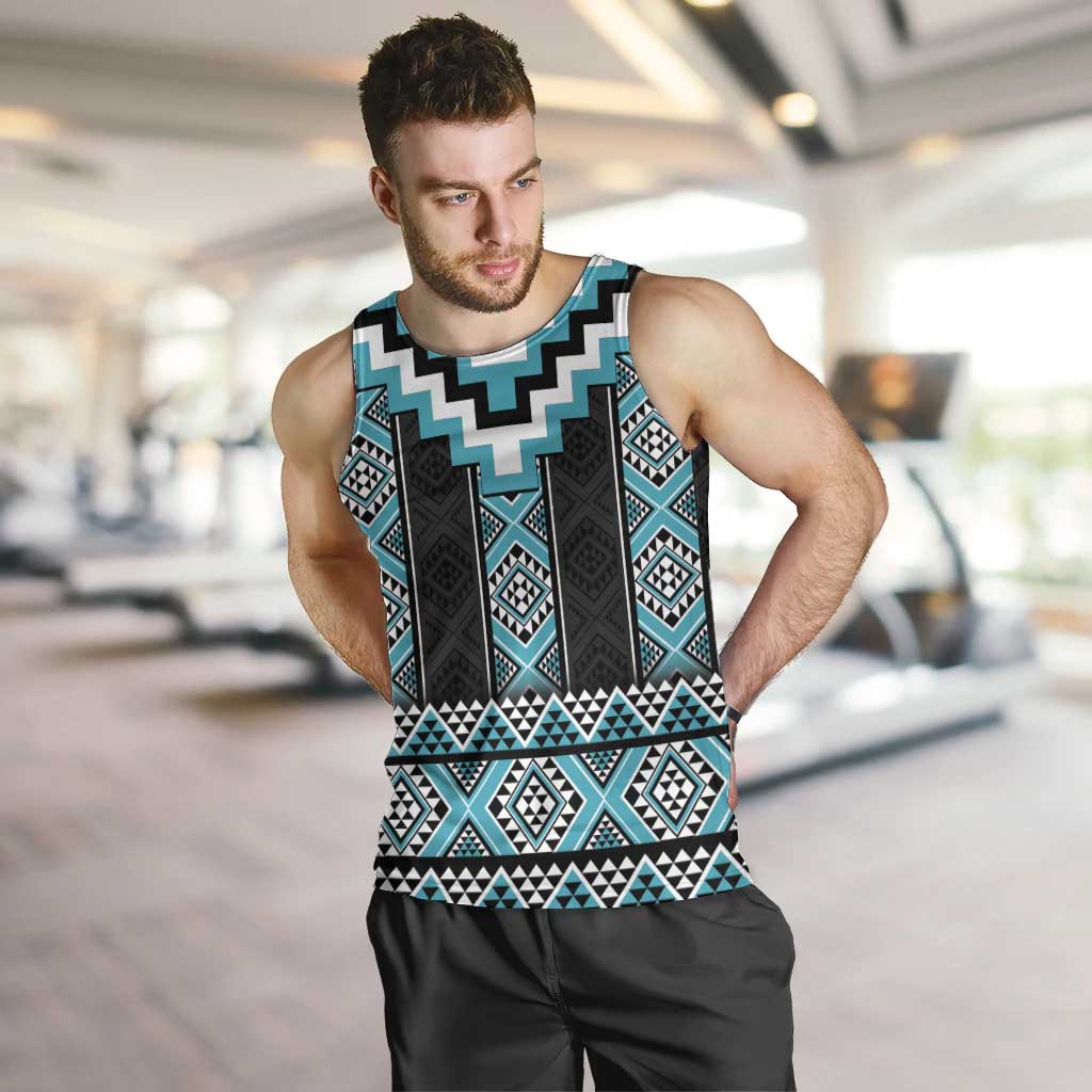 Turquoise Taniko Pattern Aotearoa Men Tank Top Niho Taniwha Mix Poutama LT14 Turquoise - Polynesian Pride