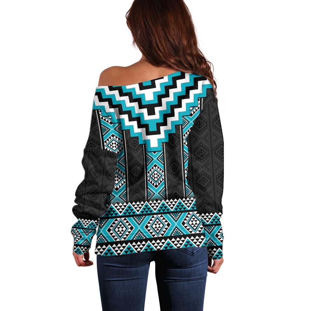 Turquoise Taniko Pattern Aotearoa Off Shoulder Sweater Niho Taniwha Mix Poutama LT14