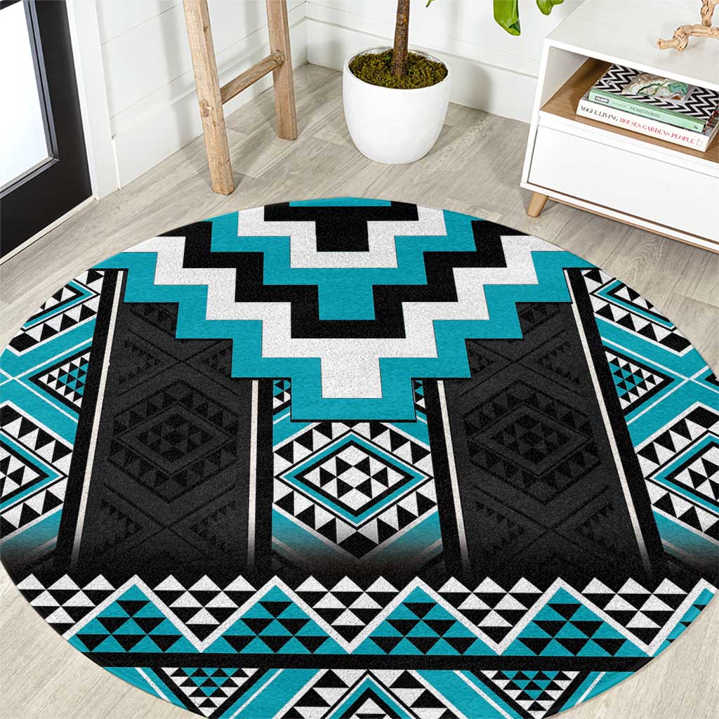 Turquoise Taniko Pattern Aotearoa Round Carpet Niho Taniwha Mix Poutama LT14 Turquoise - Polynesian Pride