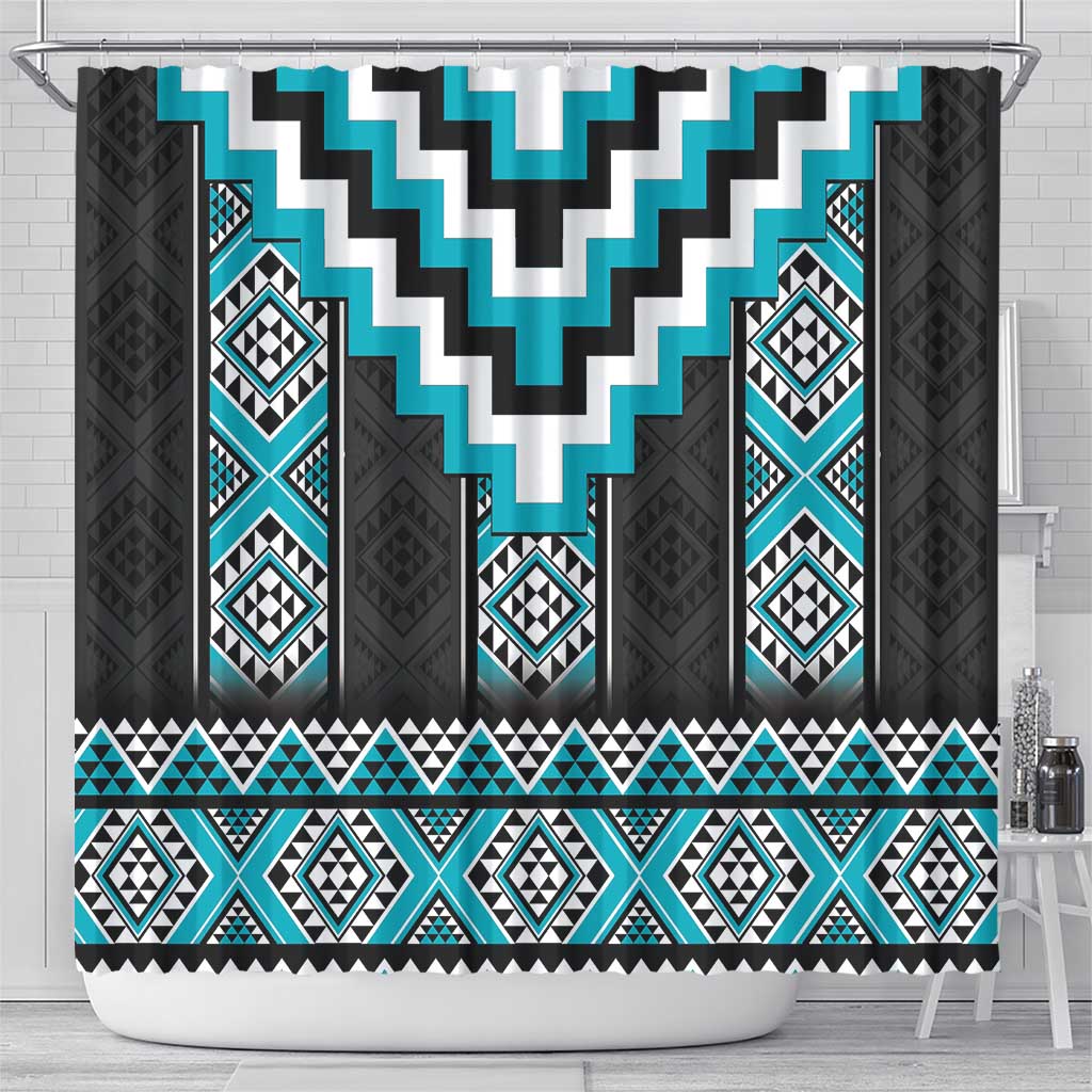 Turquoise Taniko Pattern Aotearoa Shower Curtain Niho Taniwha Mix Poutama