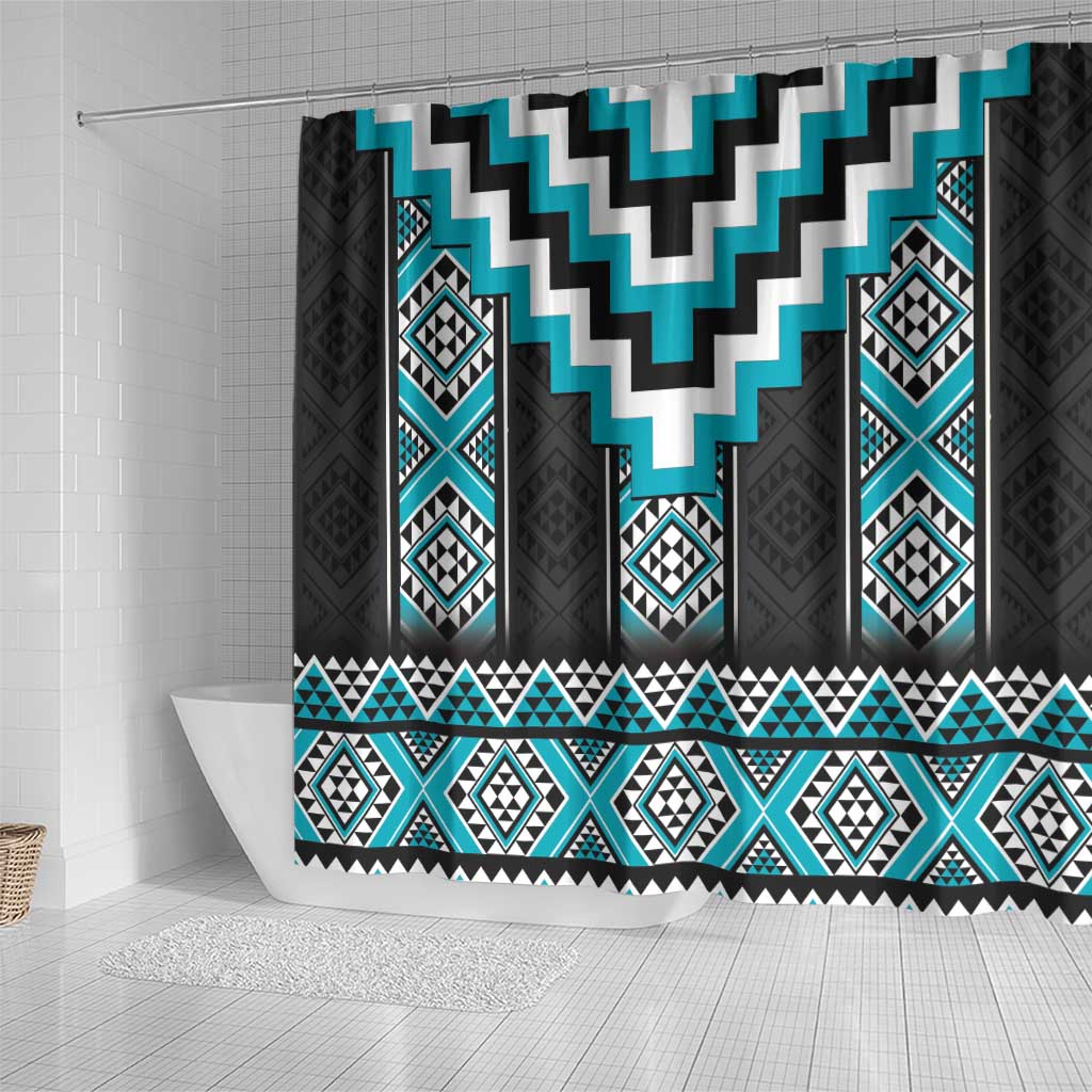 Turquoise Taniko Pattern Aotearoa Shower Curtain Niho Taniwha Mix Poutama