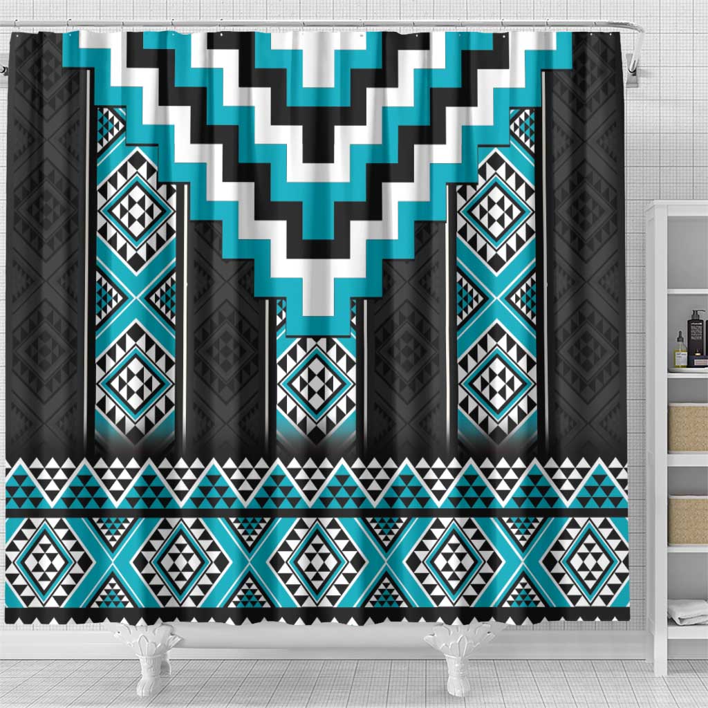 Turquoise Taniko Pattern Aotearoa Shower Curtain Niho Taniwha Mix Poutama