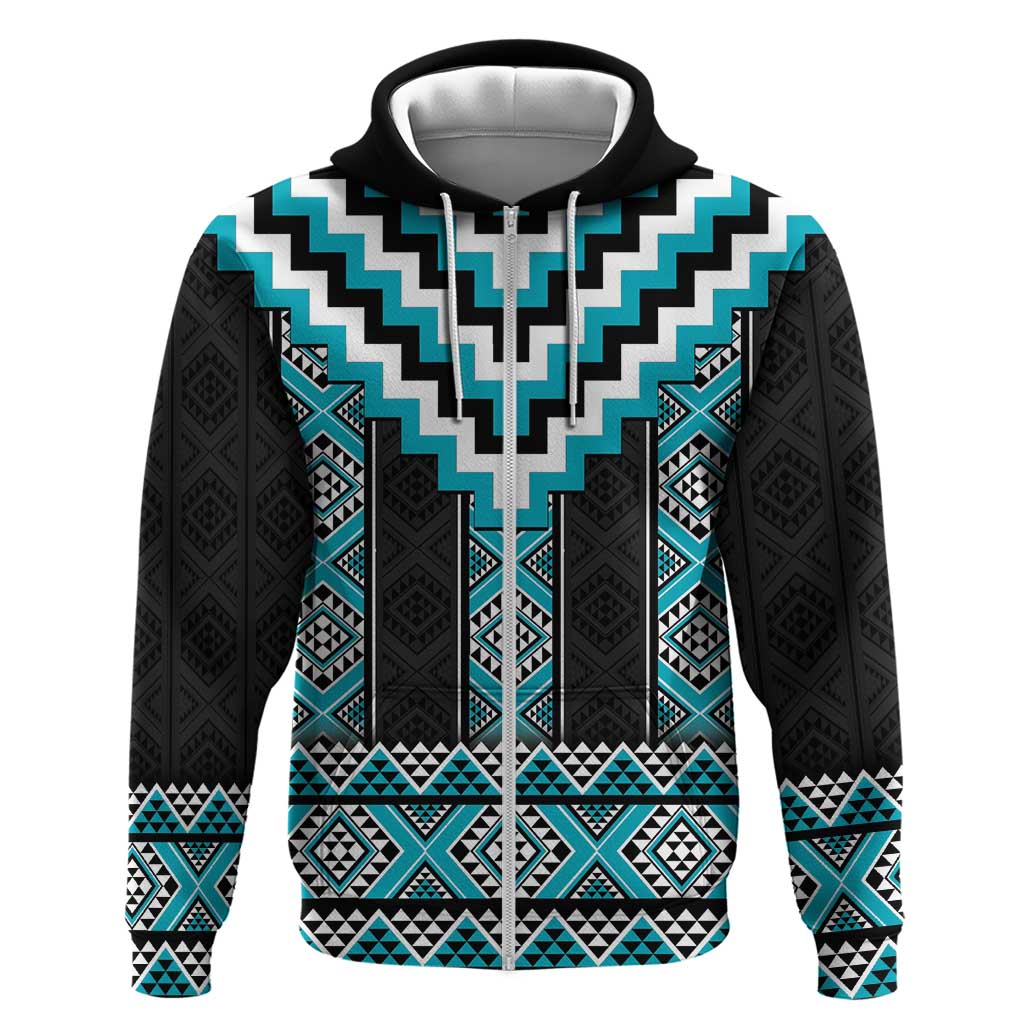 Turquoise Taniko Pattern Aotearoa Zip Hoodie Niho Taniwha Mix Poutama LT14