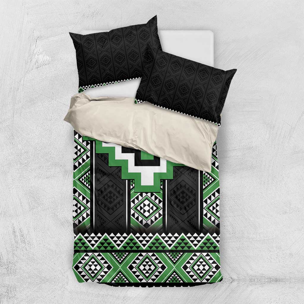 Green Taniko Pattern Aotearoa Bedding Set Niho Taniwha Mix Poutama