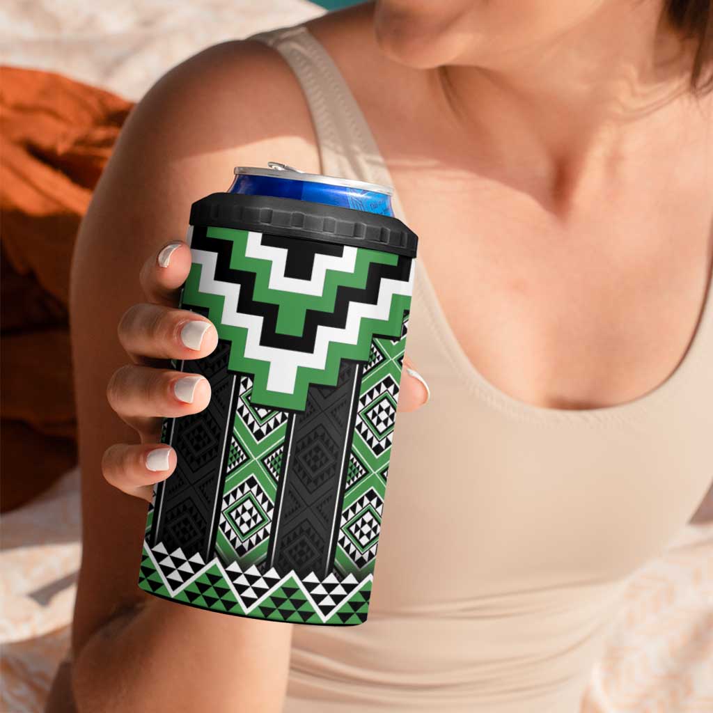 Green Taniko Pattern Aotearoa 4 in 1 Can Cooler Tumbler Niho Taniwha Mix Poutama LT14