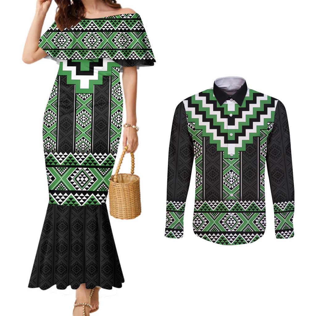 Green Taniko Pattern Aotearoa Couples Matching Mermaid Dress and Long Sleeve Button Shirt Niho Taniwha Mix Poutama LT14