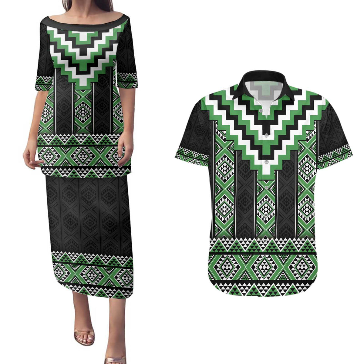 Green Taniko Pattern Aotearoa Couples Matching Puletasi and Hawaiian Shirt Niho Taniwha Mix Poutama LT14