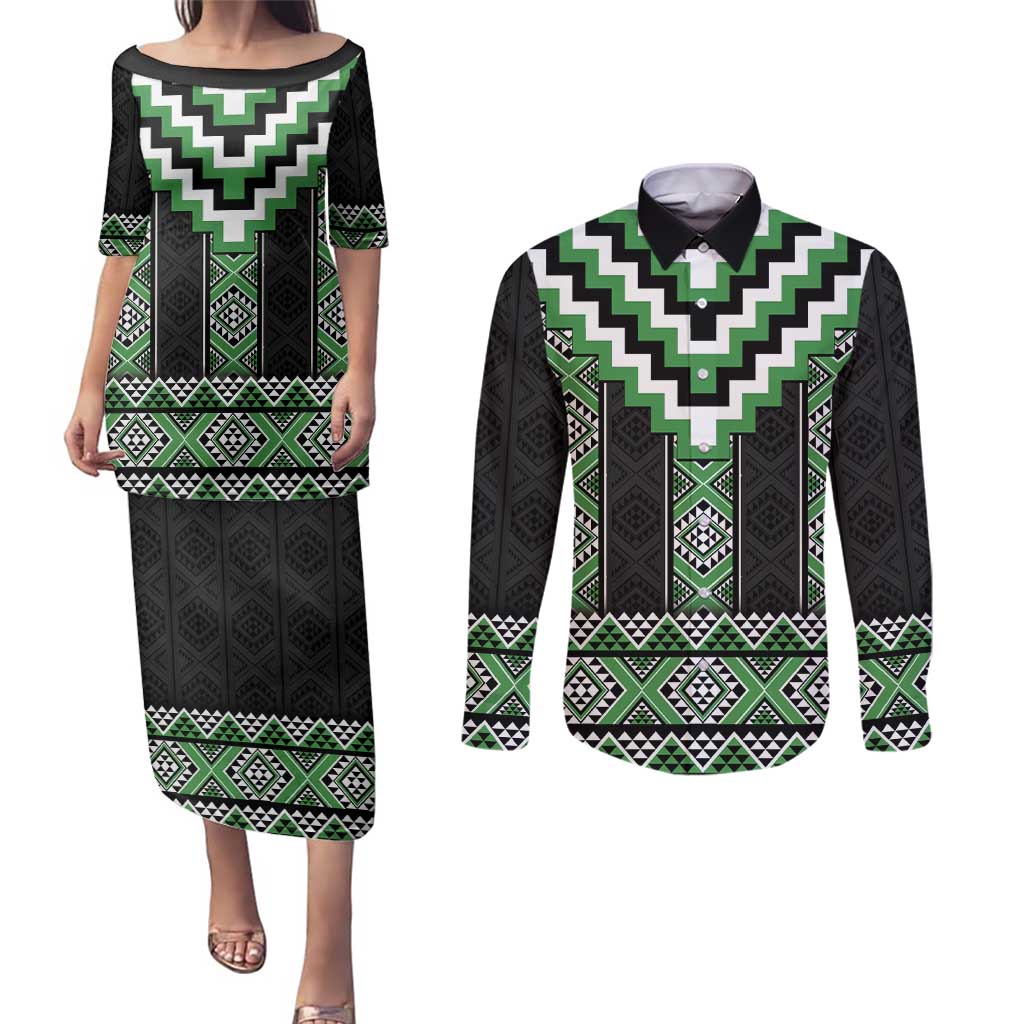 Green Taniko Pattern Aotearoa Couples Matching Puletasi and Long Sleeve Button Shirt Niho Taniwha Mix Poutama LT14 Green - Polynesian Pride