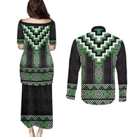 Green Taniko Pattern Aotearoa Couples Matching Puletasi and Long Sleeve Button Shirt Niho Taniwha Mix Poutama LT14 - Polynesian Pride