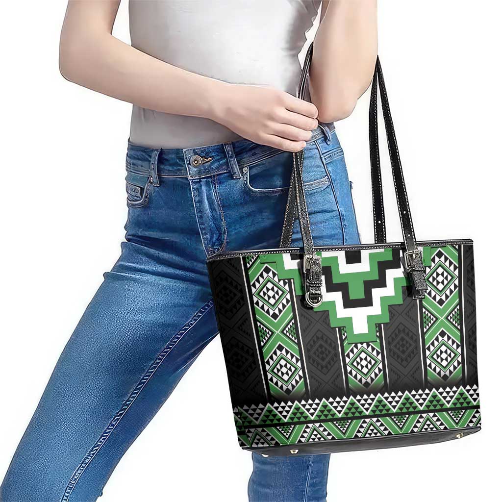 Green Taniko Pattern Aotearoa Leather Tote Bag Niho Taniwha Mix Poutama