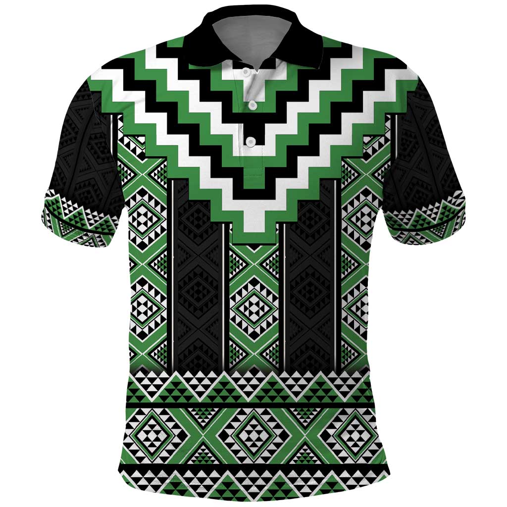 Green Taniko Pattern Aotearoa Polo Shirt Niho Taniwha Mix Poutama LT14