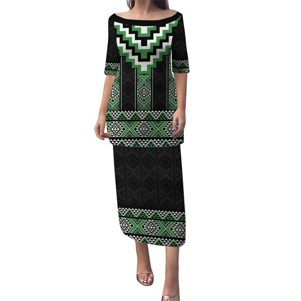 Green Taniko Pattern Aotearoa Puletasi Niho Taniwha Mix Poutama LT14