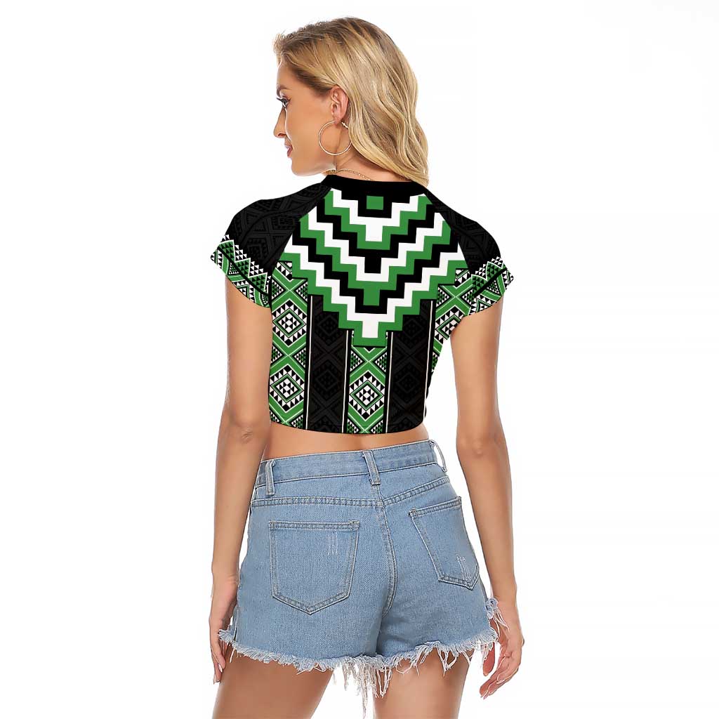Green Taniko Pattern Aotearoa Raglan Cropped T Shirt Niho Taniwha Mix Poutama LT14