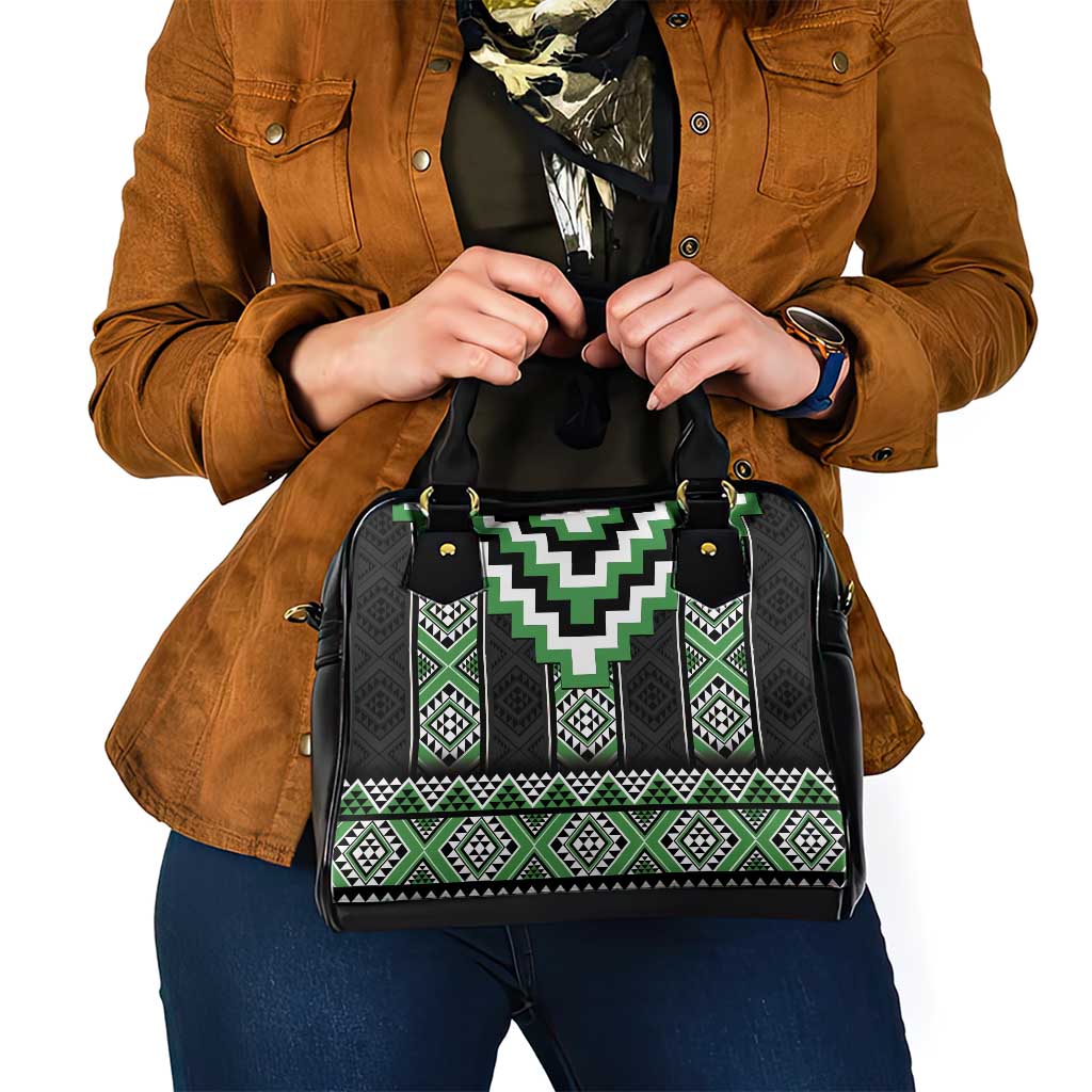 Green Taniko Pattern Aotearoa Shoulder Handbag Niho Taniwha Mix Poutama
