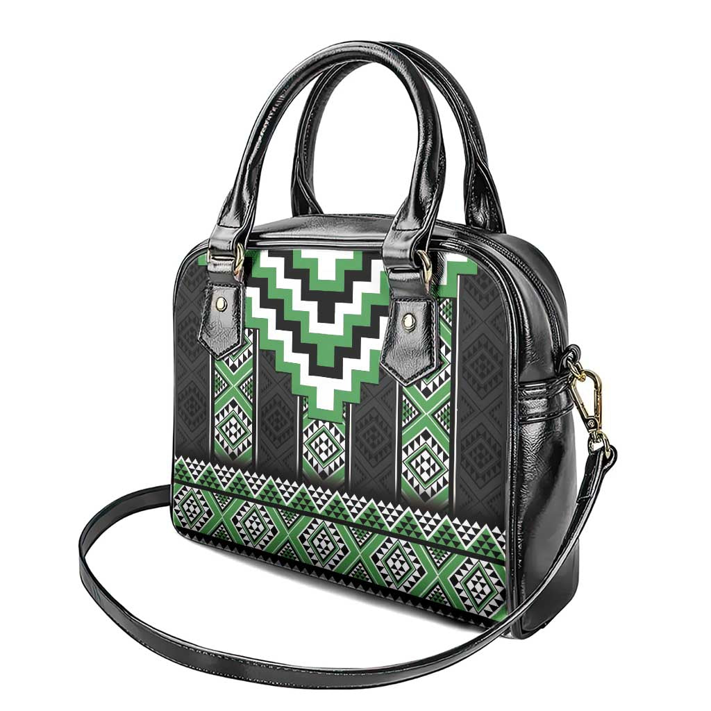 Green Taniko Pattern Aotearoa Shoulder Handbag Niho Taniwha Mix Poutama