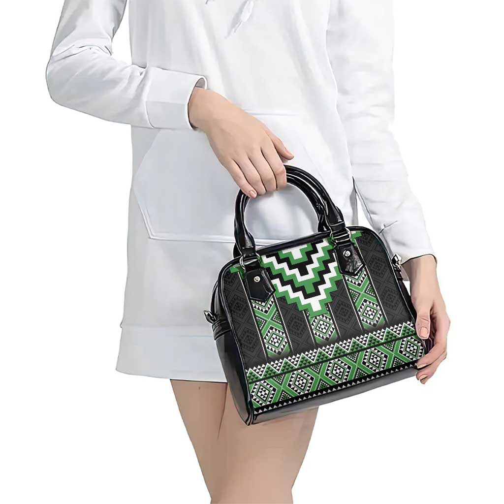 Green Taniko Pattern Aotearoa Shoulder Handbag Niho Taniwha Mix Poutama